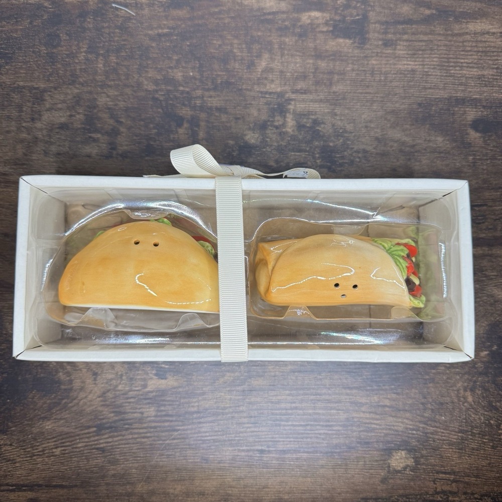 New In Box Blue Sky Clayworks TACO BURRITO Ceramic Salt Pepper Shakers